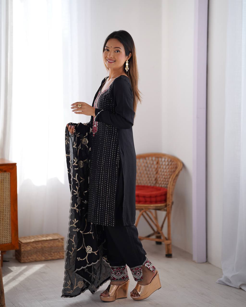 Teeya Creation Black Color Chinnon Silk Embroidery Work Fully Stitched Pakistani Suit - Distacart