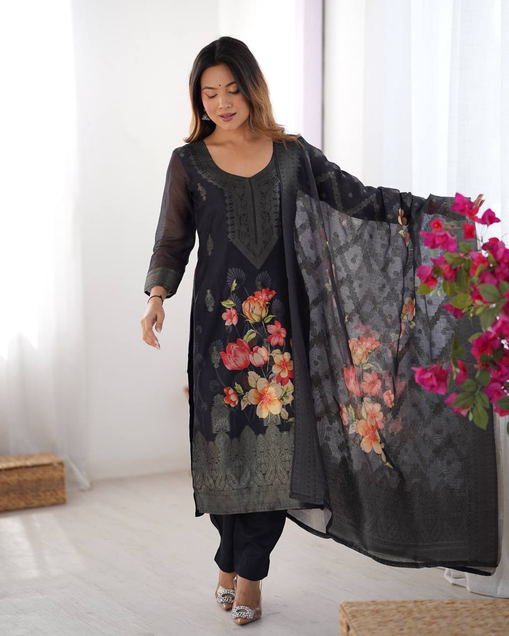Teeya Creation Black Color Chanderi Silk Embroidery Work Fully Stitched Pakistani Suit - Distacart