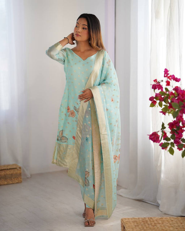 Teeya Creation Sky Color Chanderi Silk Embroidery Work Fully Stitched Pakistani Suit - Distacart