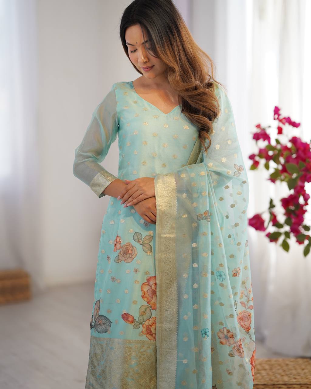 Teeya Creation Sky Color Chanderi Silk Embroidery Work Fully Stitched Pakistani Suit - Distacart