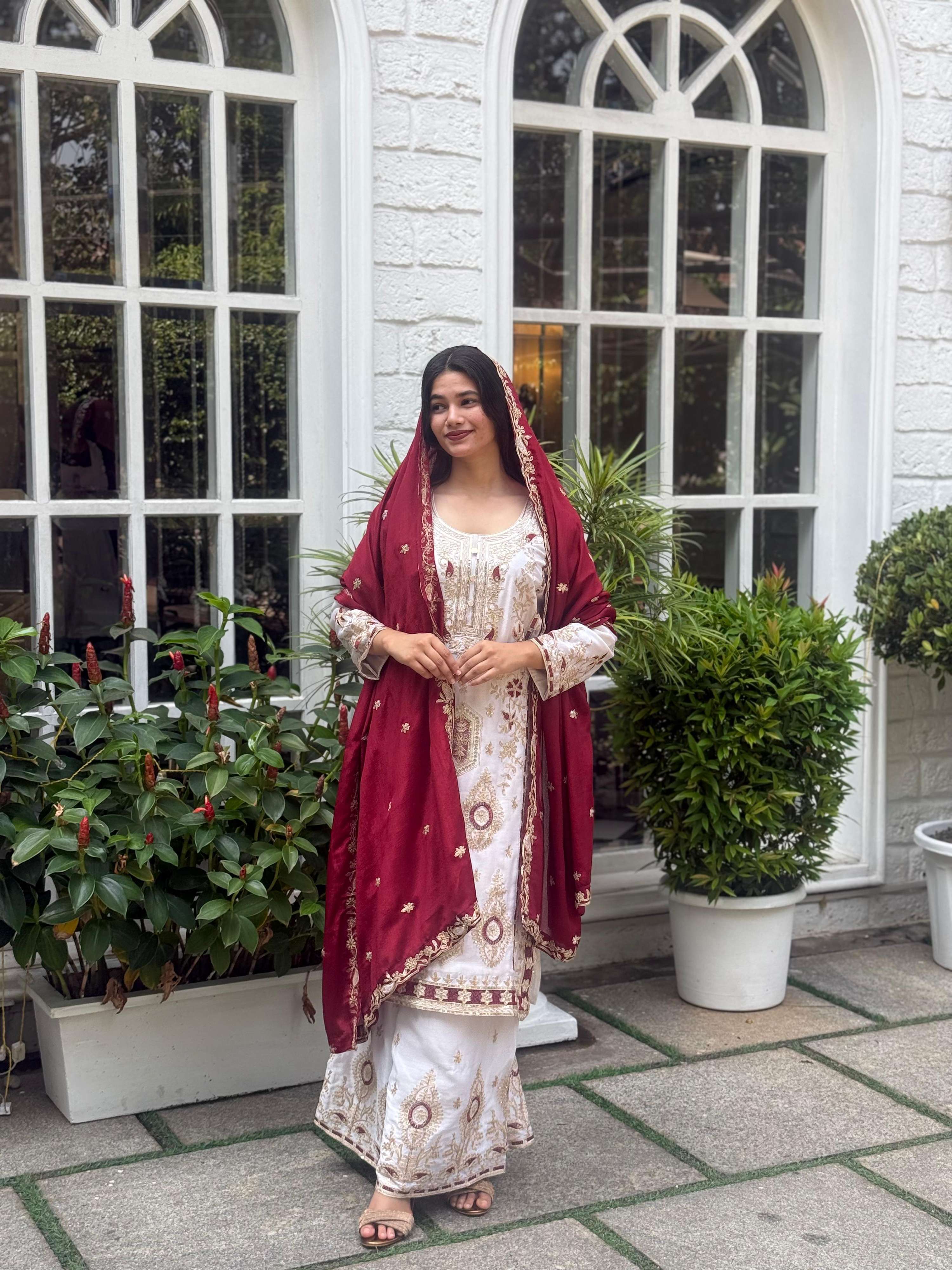 Teeya Creation White Color Chinnon Silk Embroidery Work Fully Stitched Pakistani Suit - Distacart