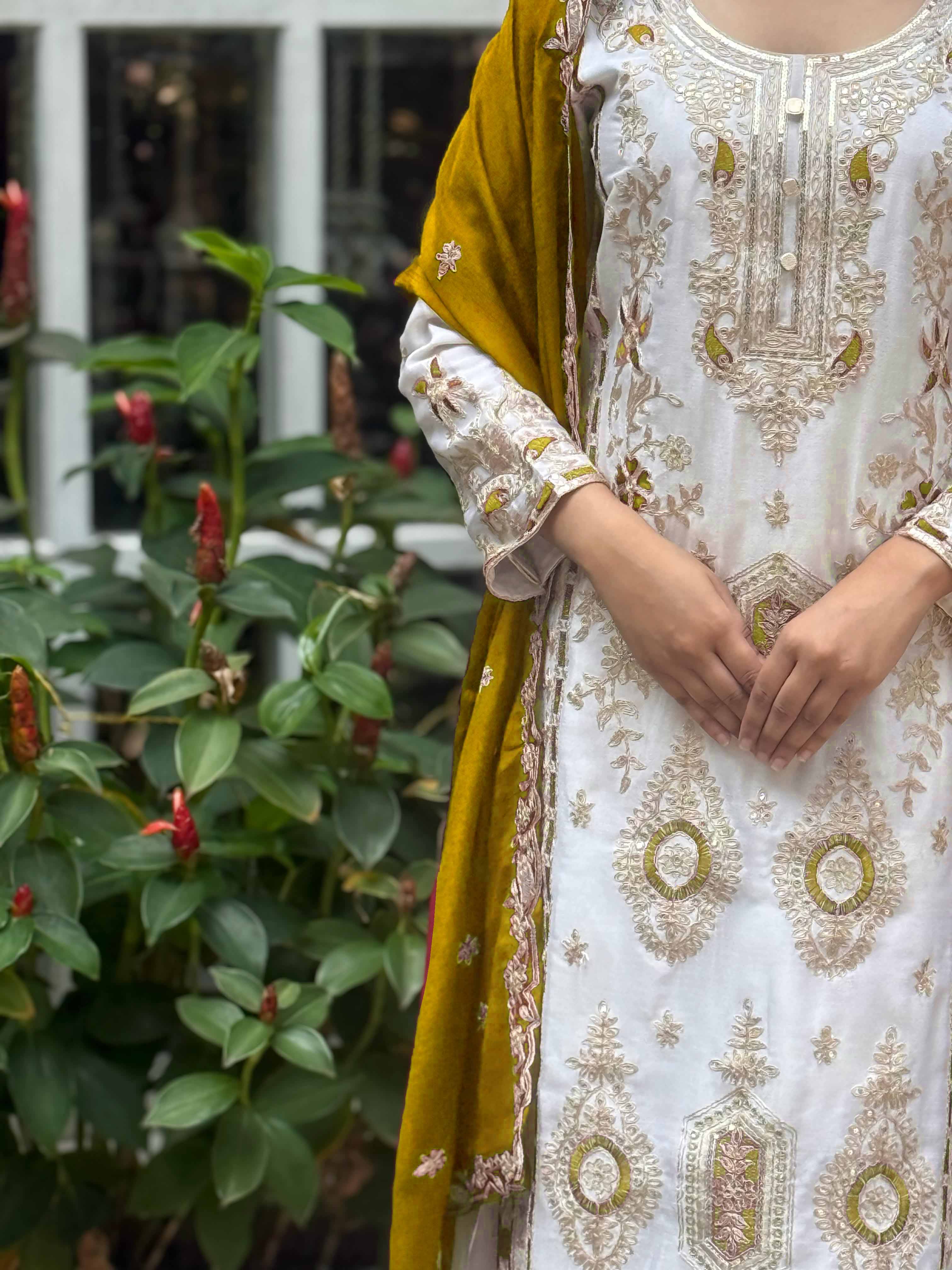 Teeya Creation White Color Chinnon Silk Embroidery Work Fully Stitched Pakistani Suit - Distacart