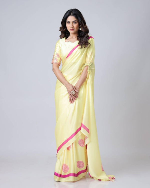 Teeya Creation Light Yellow Color Japan Satin Silk Digital Print Ready To Wear Saree - Distacart
