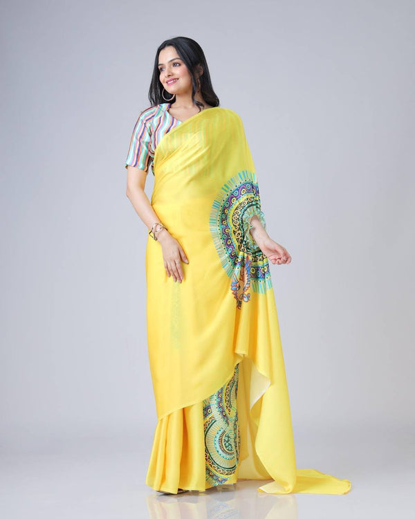 Teeya Creation Yellow Color Japan Satin Silk Digital Print Ready To Wear Saree - Distacart