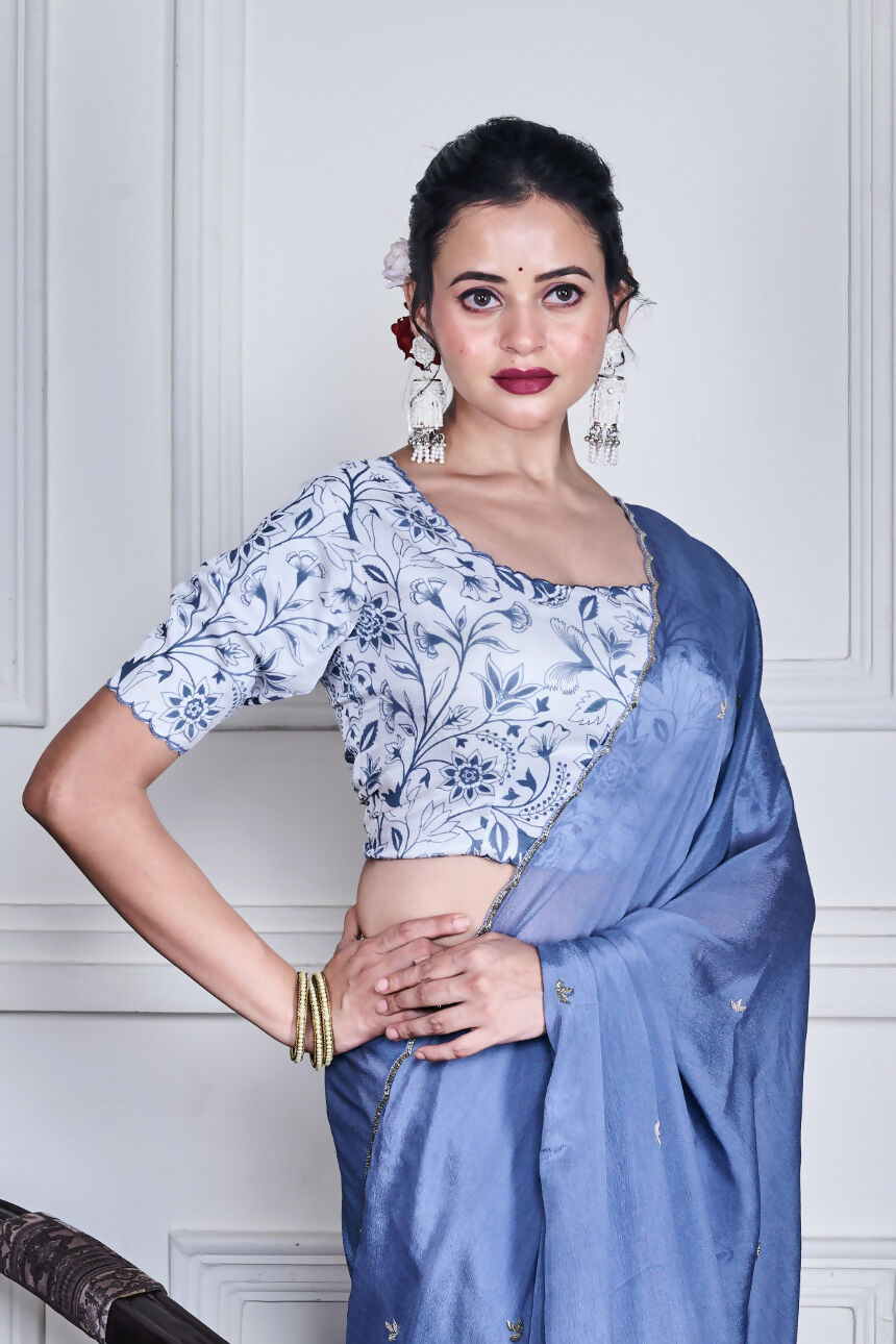 Morchari Grey Chiffon Hand Embroidery Saree And Stitched Blouse