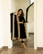 Thumbnail for trueBrowns Black Velvet Flared Embroidered Kurta - Distacart