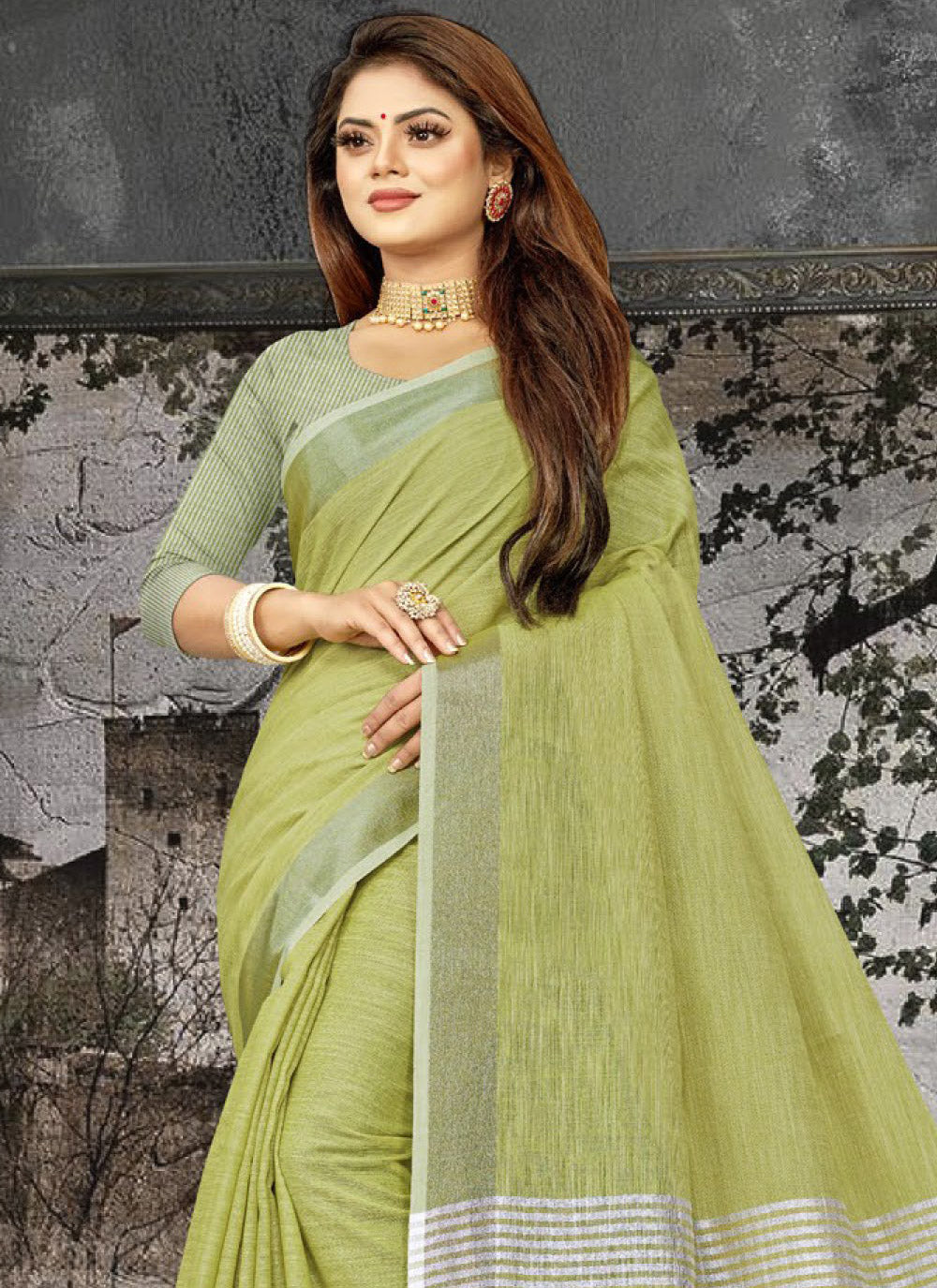 Astita Elegant Olive Green Woven Linen Saree with Contrast Zari Border & Tassels - Soft & Breathable Party Wear - Distacart