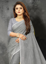 Thumbnail for Astita Elegant Light Grey Woven Linen Saree with Contrast Zari Border & Tassels - Soft & Breathable Party Wear - Distacart