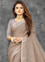 Thumbnail for Astita Elegant Beige Woven Linen Saree with Contrast Zari Border & Tassels - Soft & Breathable Party Wear - Distacart