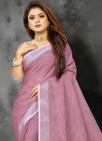 Thumbnail for Astita Elegant Mauve Woven Linen Saree with Contrast Zari Border & Tassels - Soft & Breathable Party Wear - Distacart