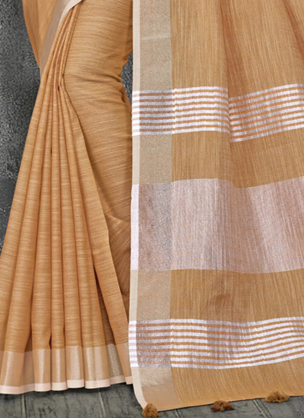 Astita Elegant Tan Woven Linen Saree with Contrast Zari Border & Tassels - Soft & Breathable Party Wear - Distacart