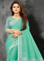 Thumbnail for Astita Elegant Turquoise Woven Linen Saree with Contrast Zari Border & Tassels - Soft & Breathable Party Wear - Distacart