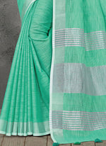 Thumbnail for Astita Elegant Turquoise Woven Linen Saree with Contrast Zari Border & Tassels - Soft & Breathable Party Wear - Distacart