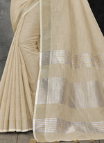 Thumbnail for Astita Elegant Cream Woven Linen Saree with Contrast Zari Border & Tassels - Soft & Breathable Party Wear - Distacart