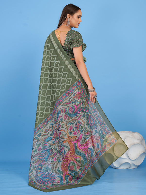 NOZ2TOZ Women's Linen Blend Olive Printed Designer Saree With Blouse Piece - Distacart