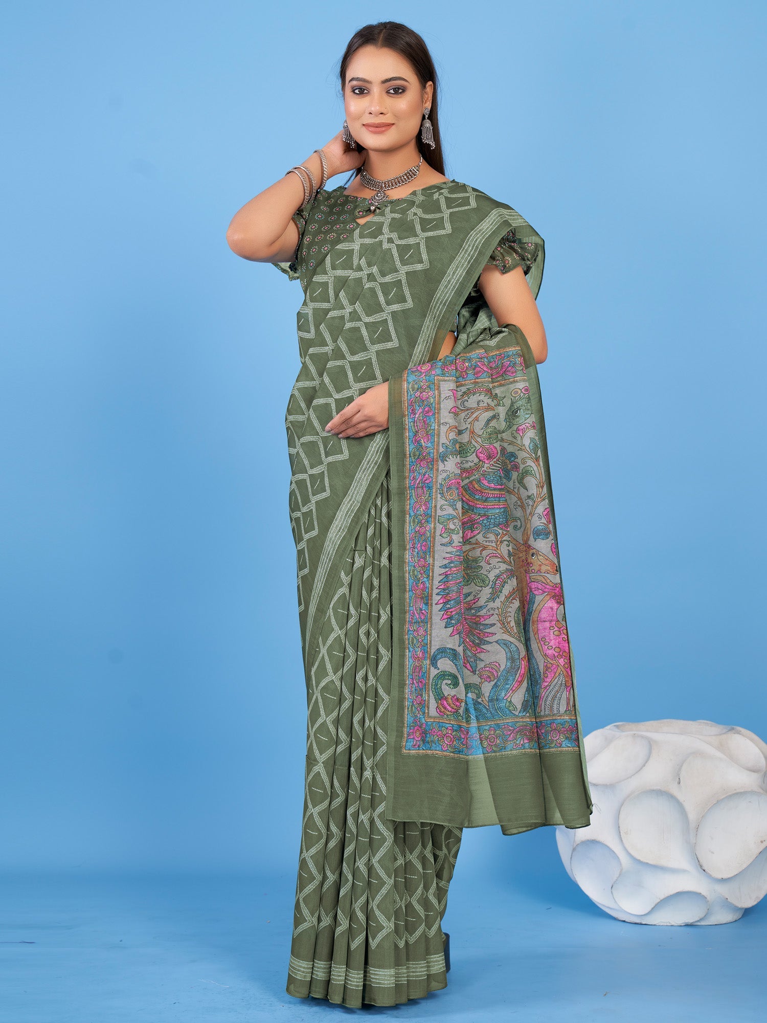 NOZ2TOZ Women's Linen Blend Olive Printed Designer Saree With Blouse Piece - Distacart