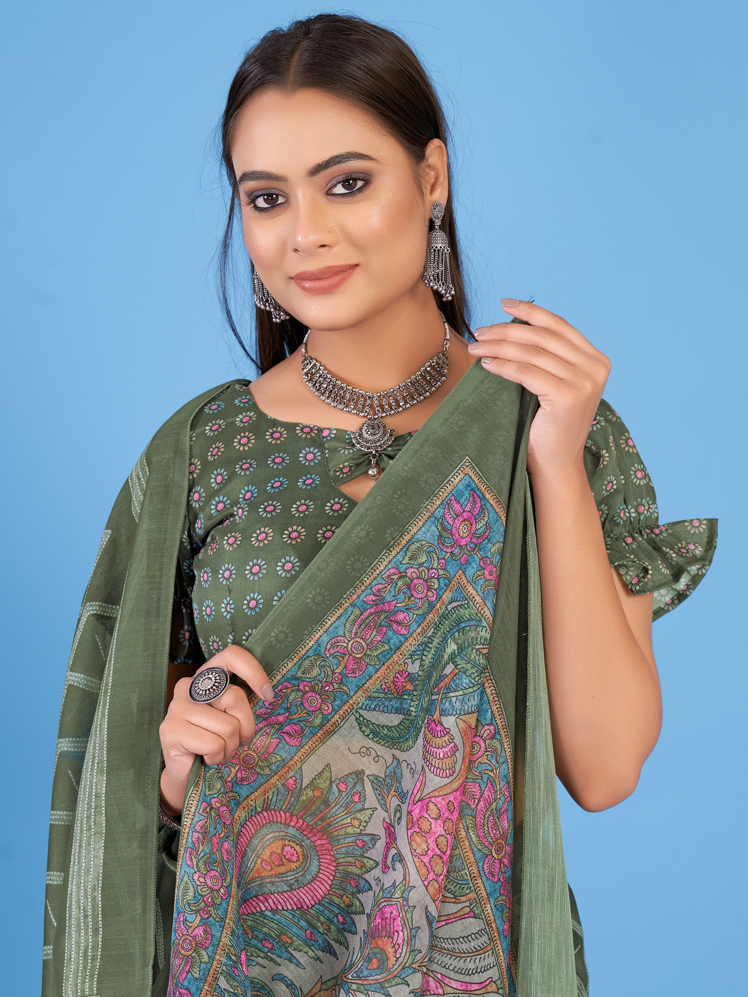 NOZ2TOZ Women's Linen Blend Olive Printed Designer Saree With Blouse Piece - Distacart