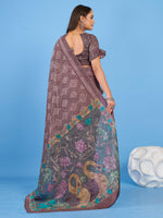 Thumbnail for NOZ2TOZ Women's Linen Blend Brown Printed Designer Saree With Blouse Piece - Distacart