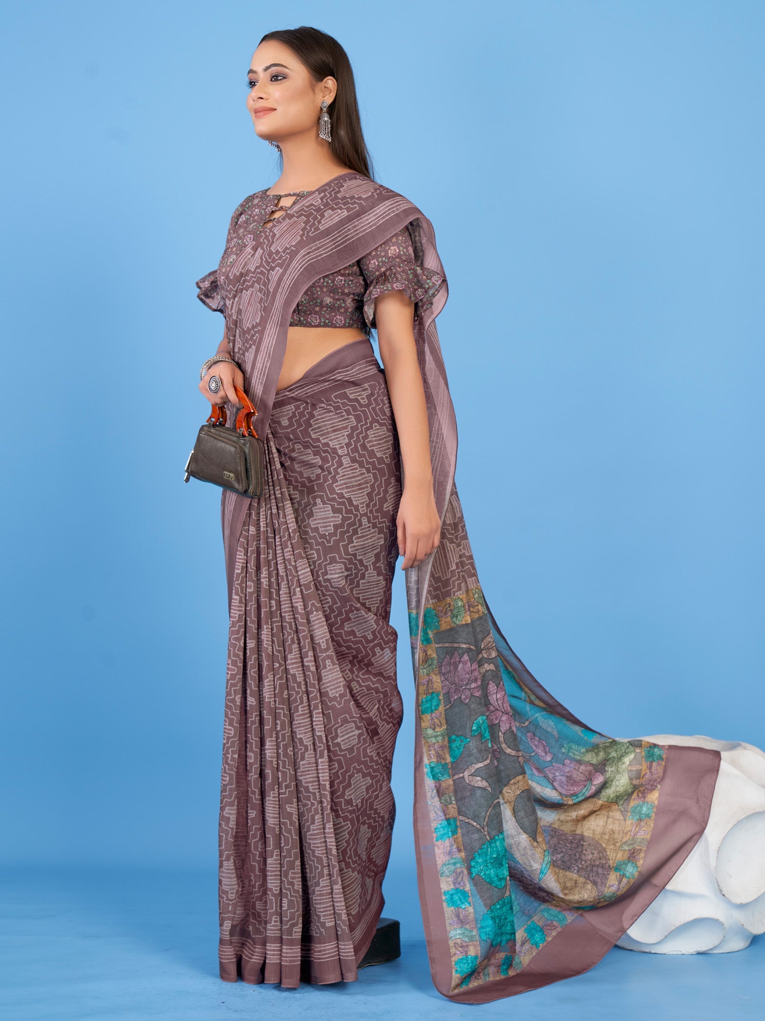 NOZ2TOZ Women's Linen Blend Brown Printed Designer Saree With Blouse Piece - Distacart