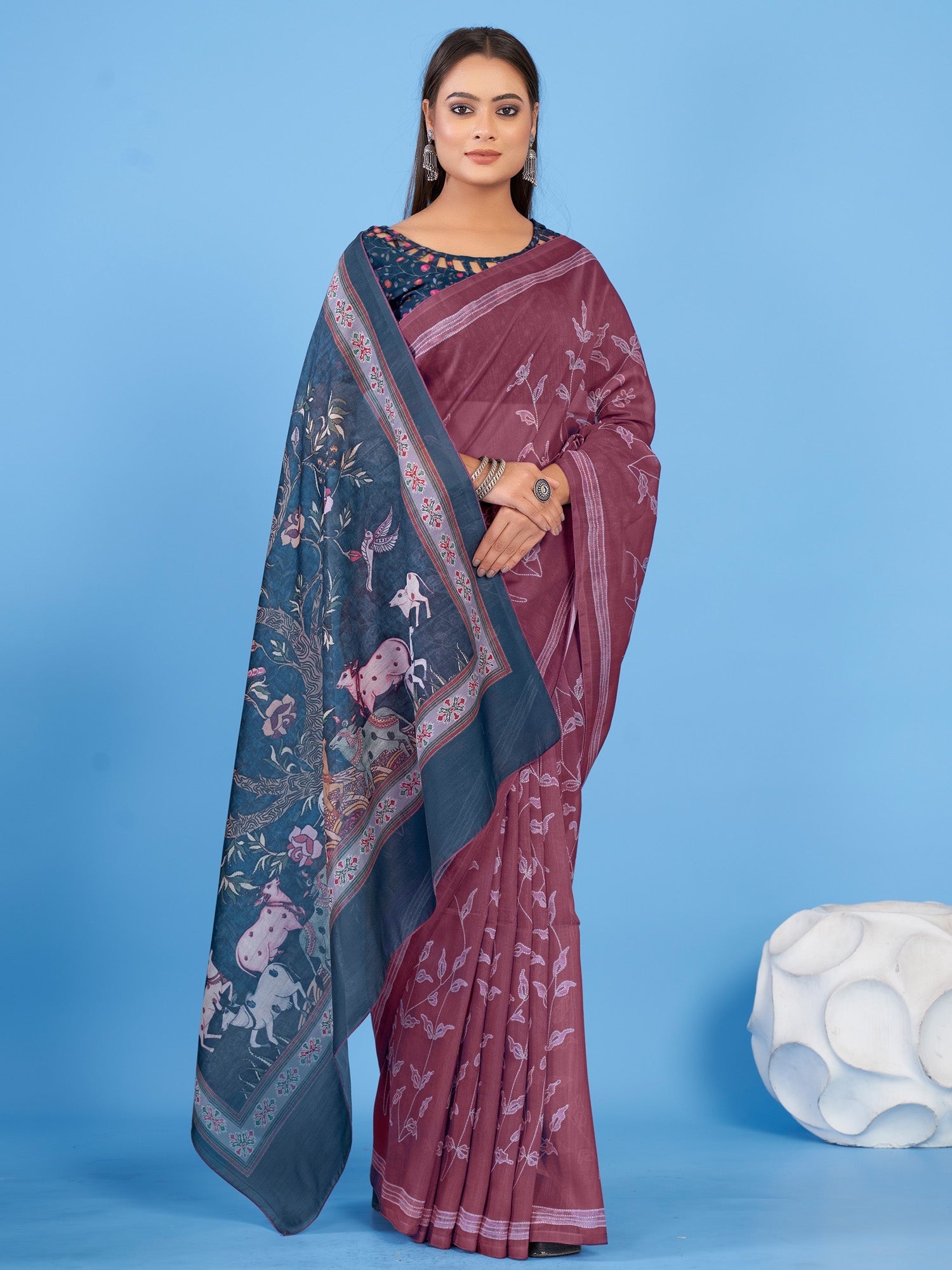 NOZ2TOZ Women's Linen Blend Burgundy Printed Designer Saree With Blouse Piece - Distacart