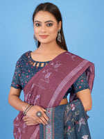 Thumbnail for NOZ2TOZ Women's Linen Blend Burgundy Printed Designer Saree With Blouse Piece - Distacart