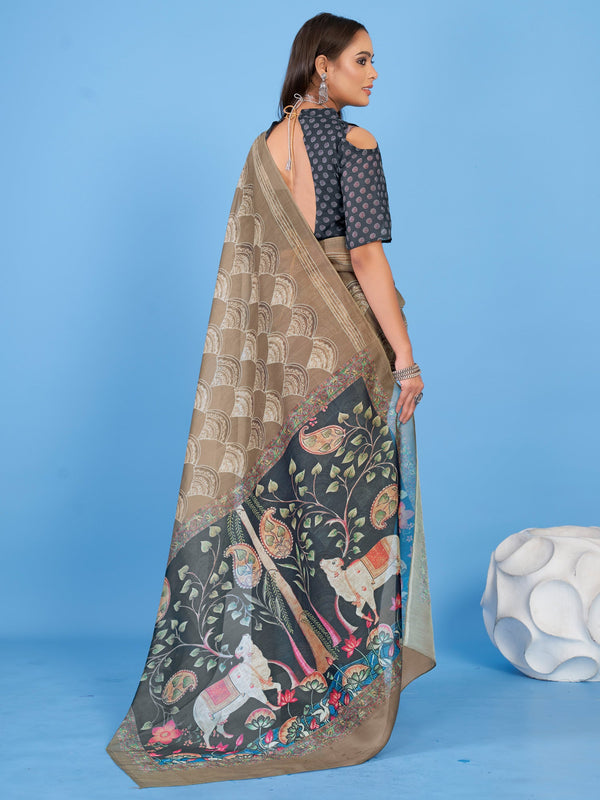 NOZ2TOZ Women's Linen Blend Beige Printed Designer Saree With Blouse Piece - Distacart
