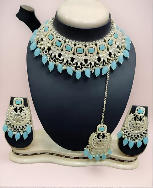 Jewel City Elegant Kundan Pearl Choker Necklace Set - Traditional Indian Bridal Jewelry with Earrings & Maang Tikka