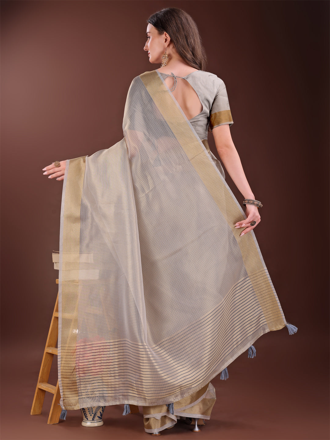 Astita Elegant Brown Organza Saree with Zari Border | Lightweight Transparent Saree with Blouse Piece for Festive & Daily Wear - Distacart