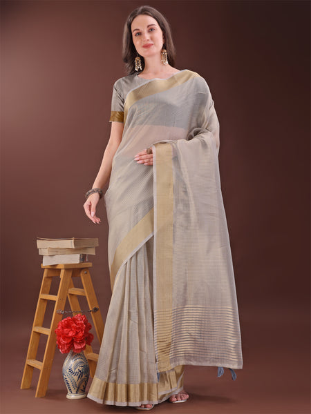Astita Elegant Brown Organza Saree with Zari Border | Lightweight Transparent Saree with Blouse Piece for Festive & Daily Wear - Distacart