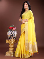 Thumbnail for Astita Yellow Cotton Woven Zari Work Traditional Tassel Saree - Distacart