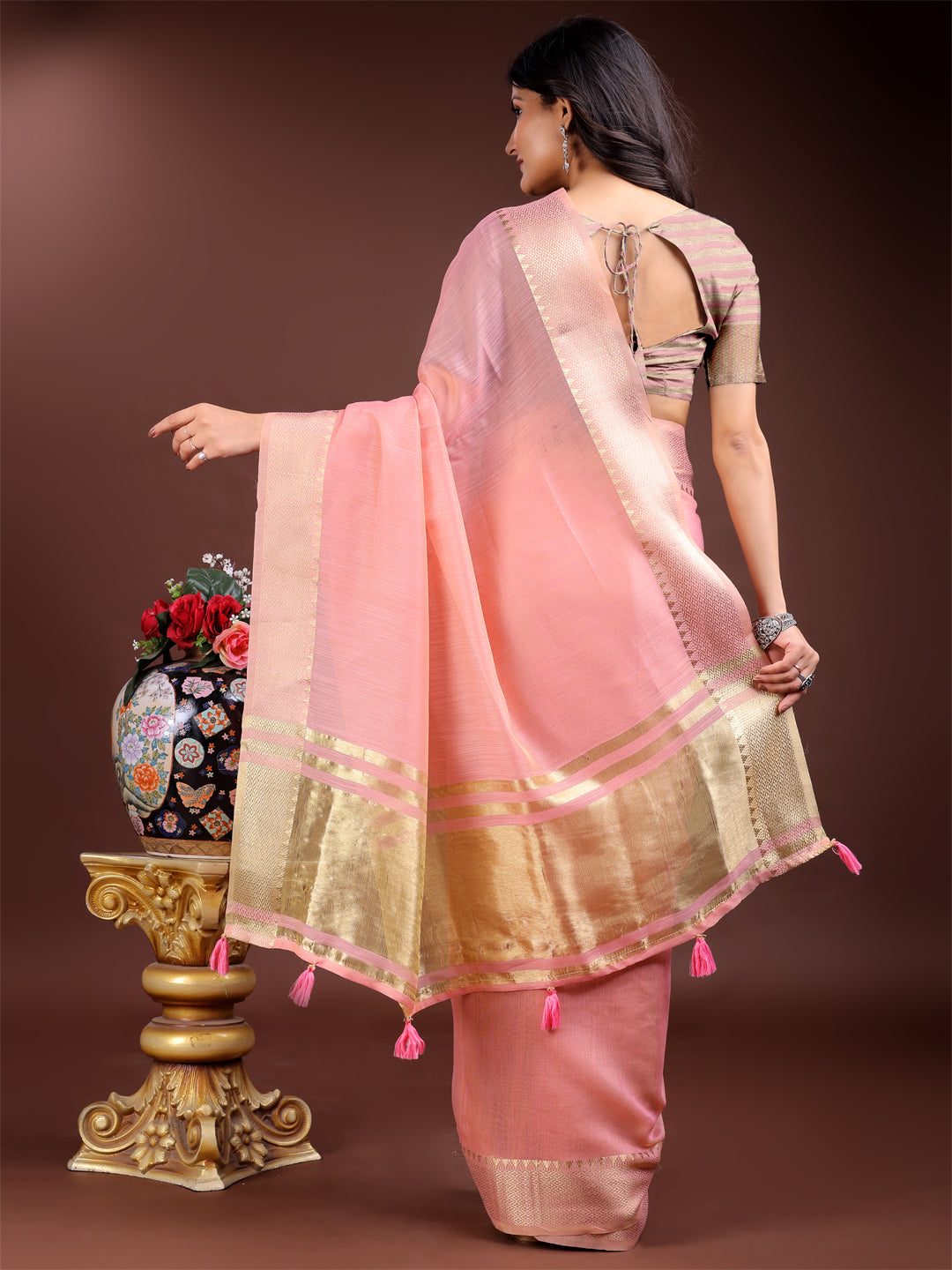 Astita Pink Cotton Woven Zari Work Traditional Tassel Saree - Distacart