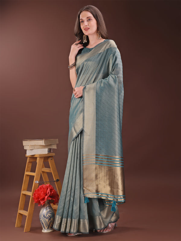 Astita Graceful Sea Green Organza Saree with Rich Golden Zari Border | Elegant Party Wear Saree with Blouse Piece - Distacart