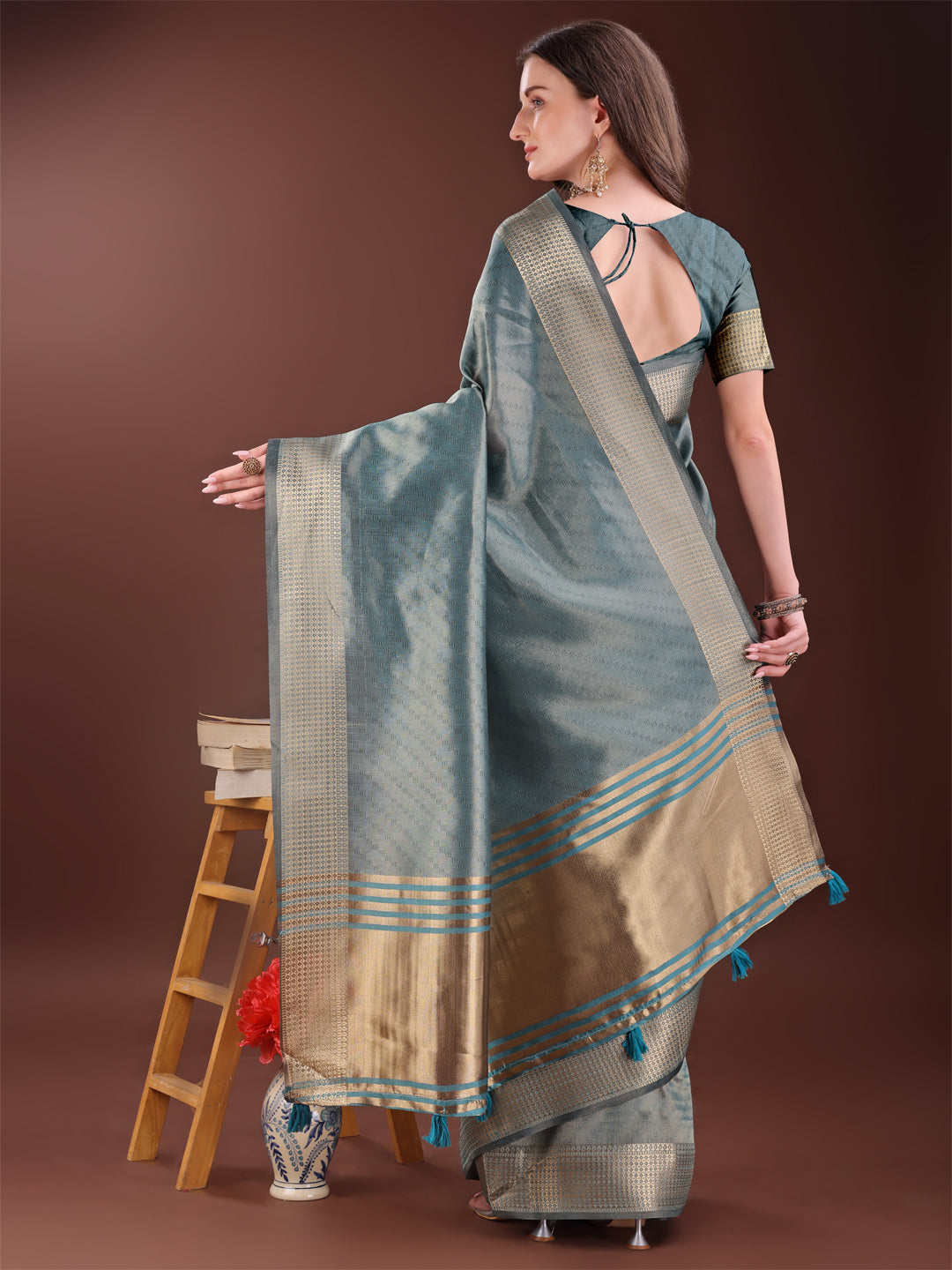 Astita Graceful Sea Green Organza Saree with Rich Golden Zari Border | Elegant Party Wear Saree with Blouse Piece - Distacart