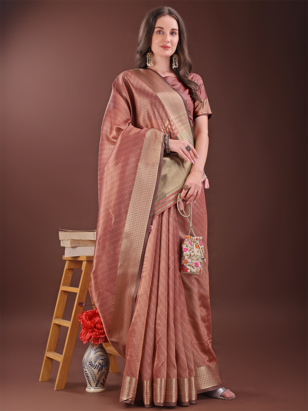 Astita Graceful Peach Organza Saree with Rich Golden Zari Border | Elegant Party Wear Saree with Blouse Piece - Distacart