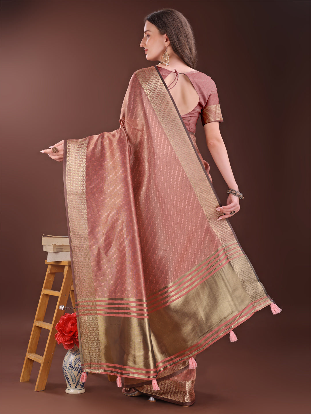 Astita Graceful Peach Organza Saree with Rich Golden Zari Border | Elegant Party Wear Saree with Blouse Piece - Distacart