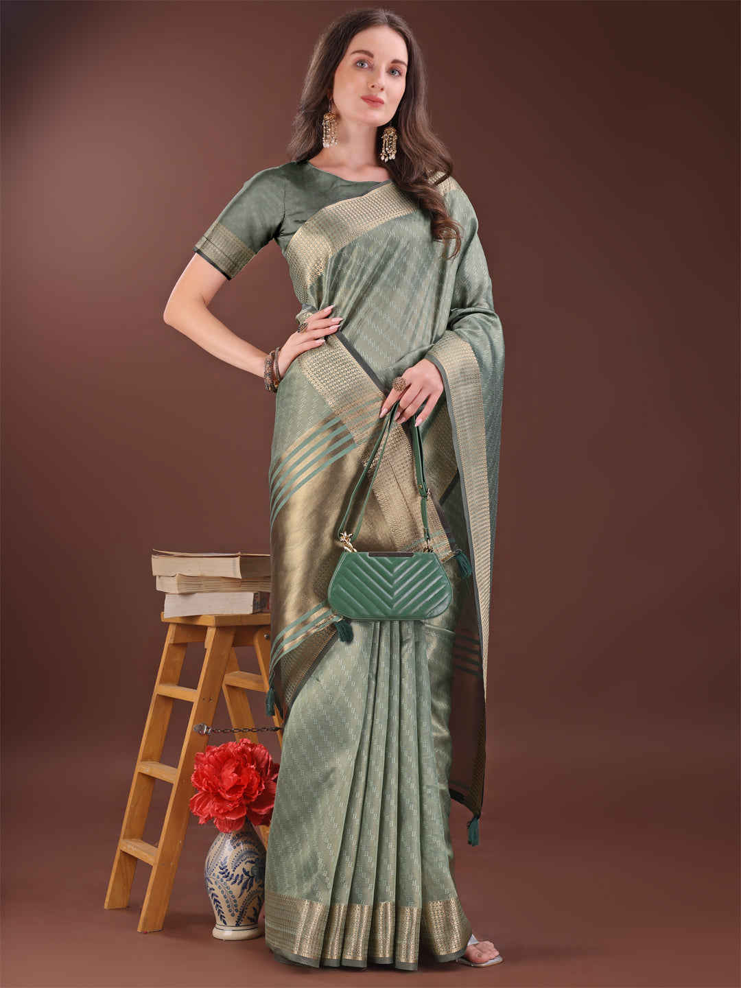 Astita Graceful Green Organza Saree with Rich Golden Zari Border | Elegant Party Wear Saree with Blouse Piece - Distacart