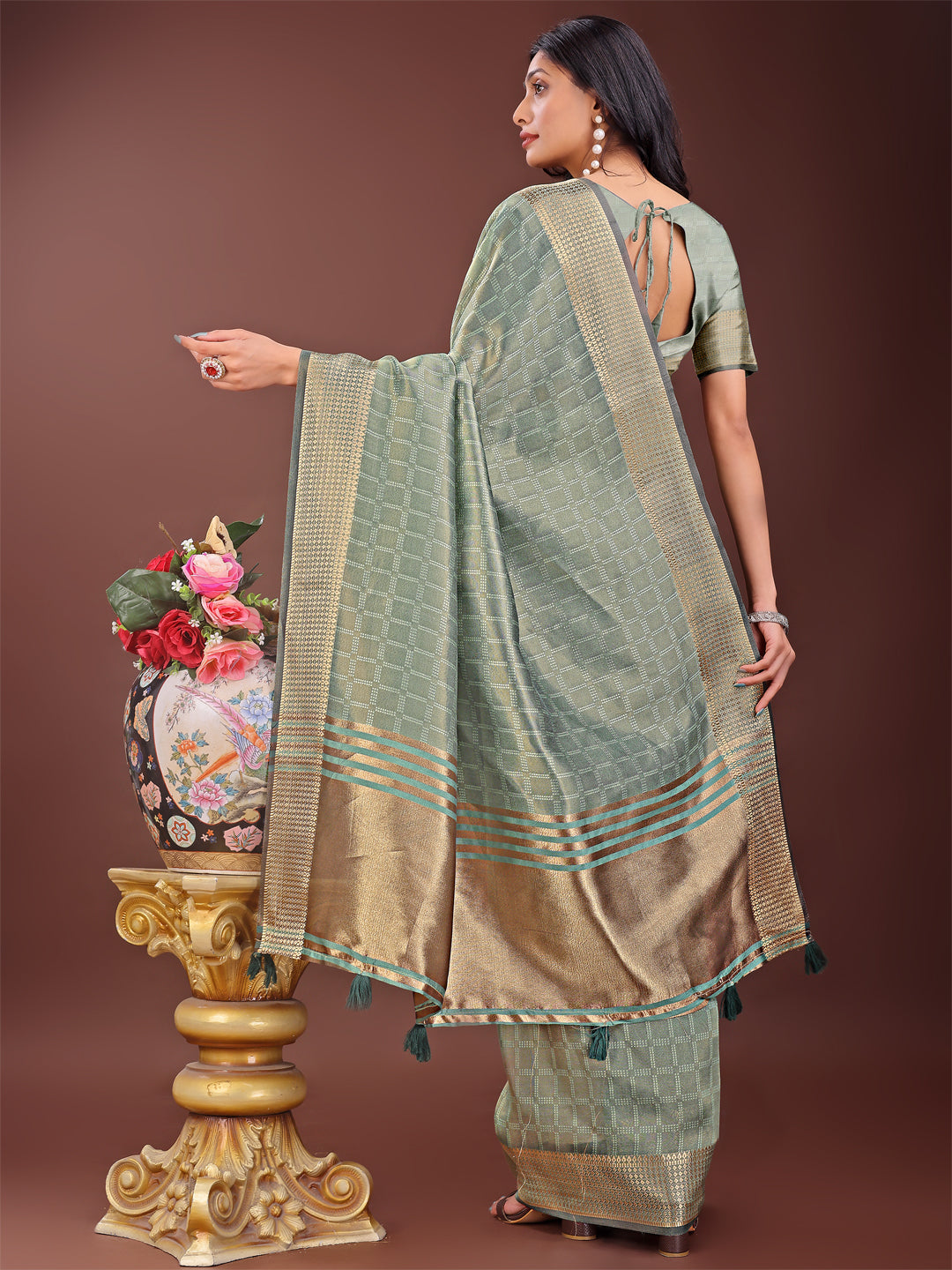 Astita Light Green Organza Saree with Golden Zari Border | Elegant Soft Lightweight Party Wear Saree with Blouse - Distacart