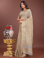 Thumbnail for Astita Elegant Beige Linen Saree with Golden Zari Border & Rich Pallu | Soft Drape | Festive & Office Wear - Distacart