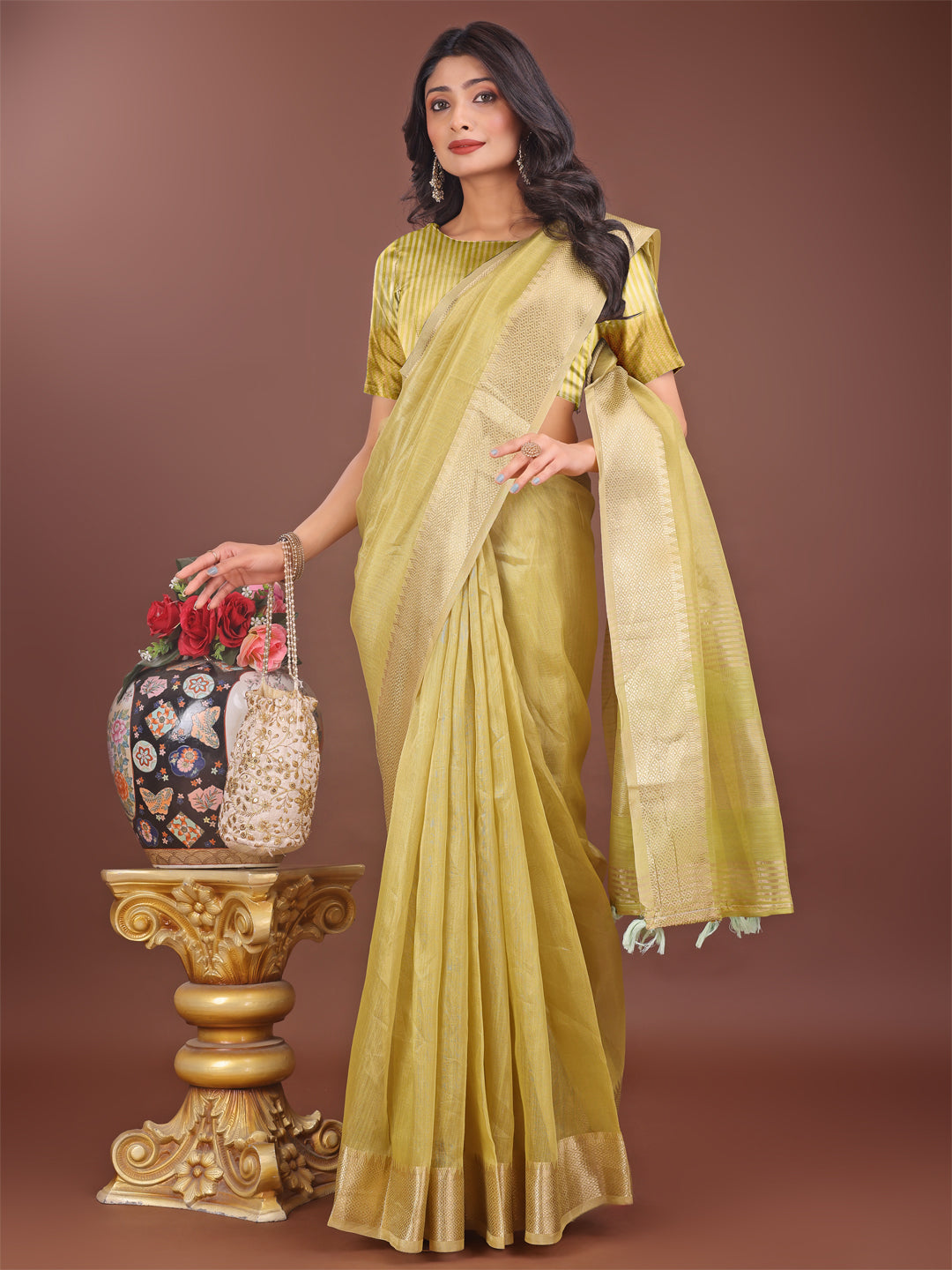 Astita Elegant Mehndi Green Linen Saree with Golden Zari Border & Rich Pallu | Soft Drape | Festive & Office Wear - Distacart