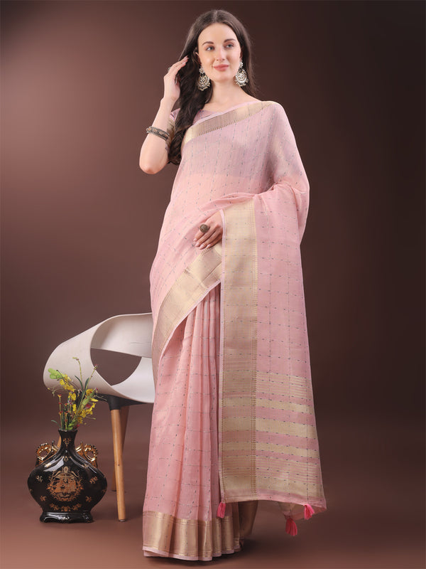 Astita Elegant Light Pink Organza Saree with Golden Zari Border & Designer Tassels | Lightweight Partywear Saree - Distacart