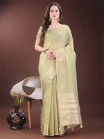 Thumbnail for Astita Elegant Light Green Organza Saree with Golden Zari Border & Designer Tassels | Lightweight Partywear Saree - Distacart