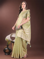 Thumbnail for Astita Elegant Light Green Organza Saree with Golden Zari Border & Designer Tassels | Lightweight Partywear Saree - Distacart