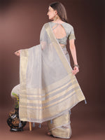 Thumbnail for Astita Elegant Grey Organza Saree with Golden Zari Border & Designer Tassels | Lightweight Partywear Saree - Distacart