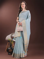Thumbnail for Astita Elegant Sky Blue Organza Saree with Golden Zari Border & Designer Tassels | Lightweight Partywear Saree - Distacart