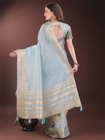 Thumbnail for Astita Elegant Sky Blue Organza Saree with Golden Zari Border & Designer Tassels | Lightweight Partywear Saree - Distacart