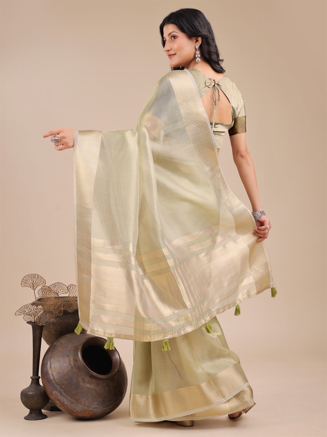 Astita Light Green Organza Woven Zari Work Traditional Tassel Saree - Distacart