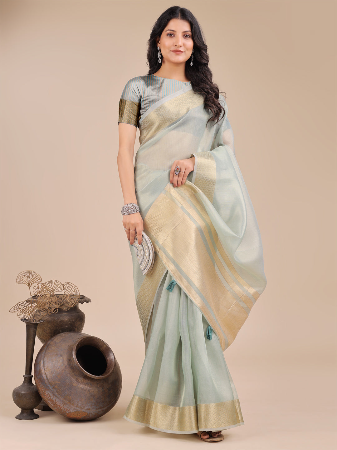 Astita Sea Green Organza Woven Zari Work Traditional Tassel Saree - Distacart