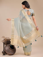Thumbnail for Astita Sea Green Organza Woven Zari Work Traditional Tassel Saree - Distacart