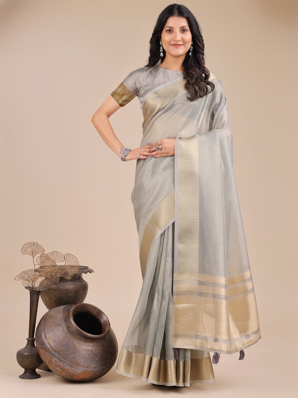 Astita Grey Organza Woven Zari Work Traditional Tassel Saree - Distacart