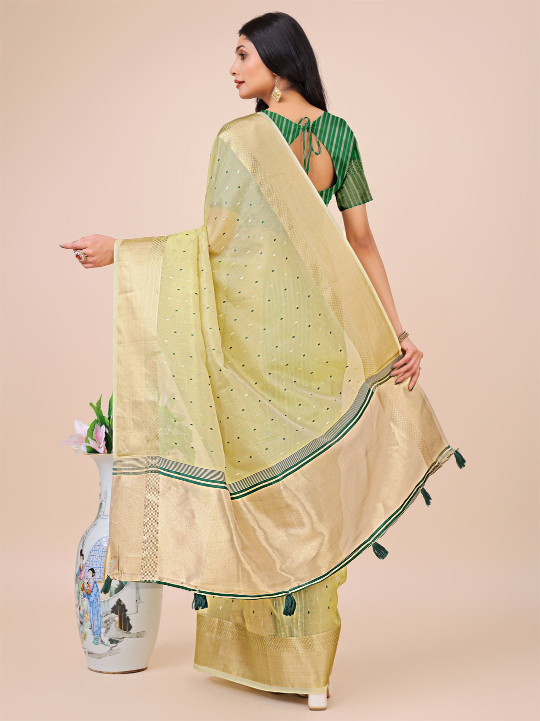 Astita Light Green Gold Organza Silk Saree - Lightweight Luxury for Your Ethnic Moments - Distacart